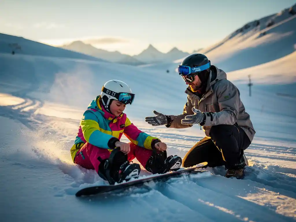 Beginnende snowboarder past bindingen aan met hulp van instructeur op besneeuwde alpenhelling tijdens gouden uurtje