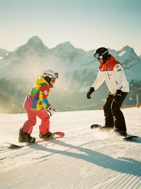 Beginnende snowboarder in felle winterkleding neemt eerste les op goed geprepareerde piste met instructeur en bergtoppen