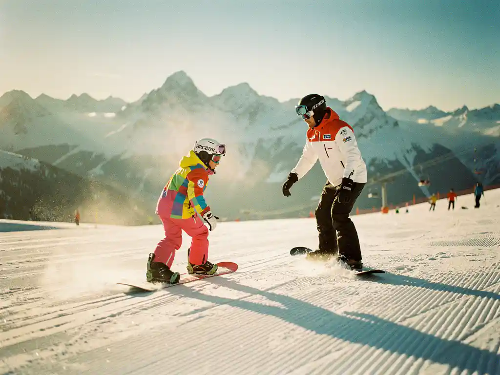 Beginnende snowboarder in felle winterkleding neemt eerste les op goed geprepareerde piste met instructeur en bergtoppen