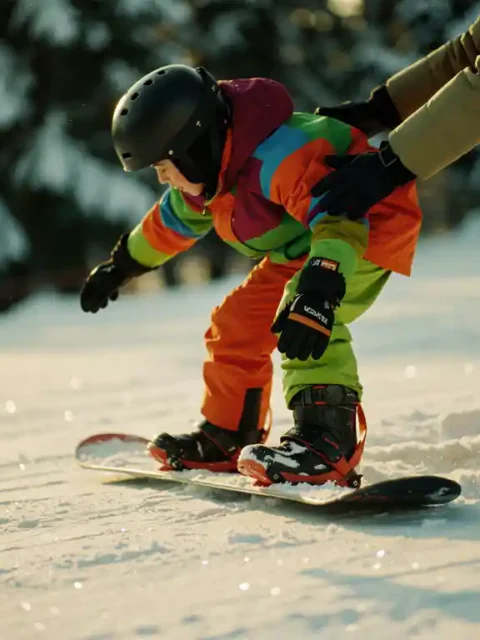 Beginnende snowboarder in kleurrijke winterkleding leert balanceren op besneeuwde helling met begeleiding van instructeur