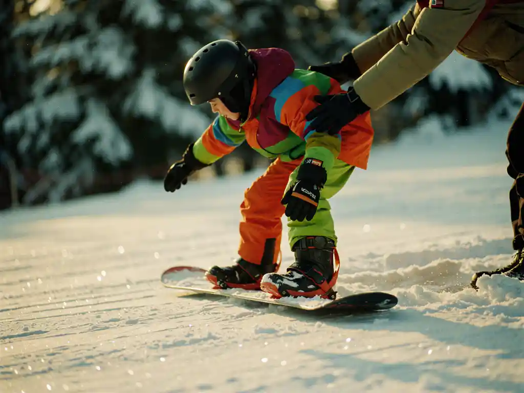 Beginnende snowboarder in kleurrijke winterkleding leert balanceren op besneeuwde helling met begeleiding van instructeur