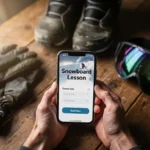 Handen die smartphone vasthouden met snowboard les boekings-app, omringd door snowboard uitrusting op houten tafel