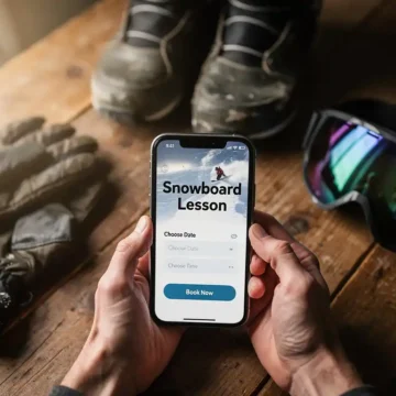 Handen die smartphone vasthouden met snowboard les boekings-app, omringd door snowboard uitrusting op houten tafel