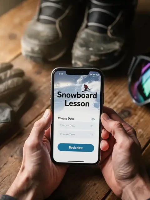 Handen die smartphone vasthouden met snowboard les boekings-app, omringd door snowboard uitrusting op houten tafel