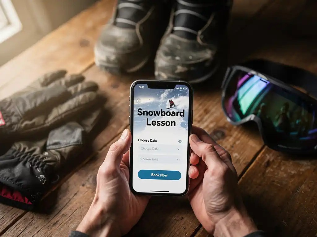 Handen die smartphone vasthouden met snowboard les boekings-app, omringd door snowboard uitrusting op houten tafel