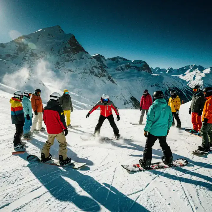 Snowboard instructeur demonstreert houding aan groep leerlingen in kleurrijke winterjassen op besneeuwde bergpiste