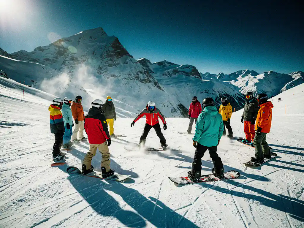 Snowboard instructeur demonstreert houding aan groep leerlingen in kleurrijke winterjassen op besneeuwde bergpiste