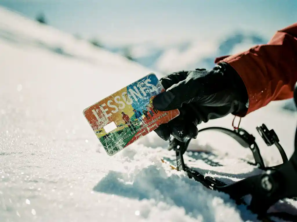 Snowboarder houdt versleten leskaart vast naast snowboardbinding in verse poedersneeuw op zonnige berghelling