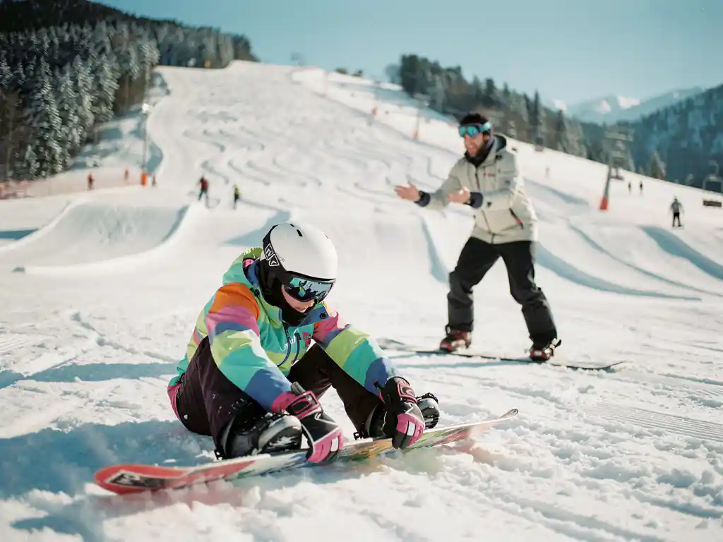 Beginnende snowboarder past bindingen aan terwijl instructeur juiste houding demonstreert op besneeuwde bergpiste
