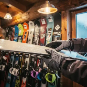 Snowboardeur examinant une planche dans un magasin de location alpin avec équipements colorés sur étagères en bois