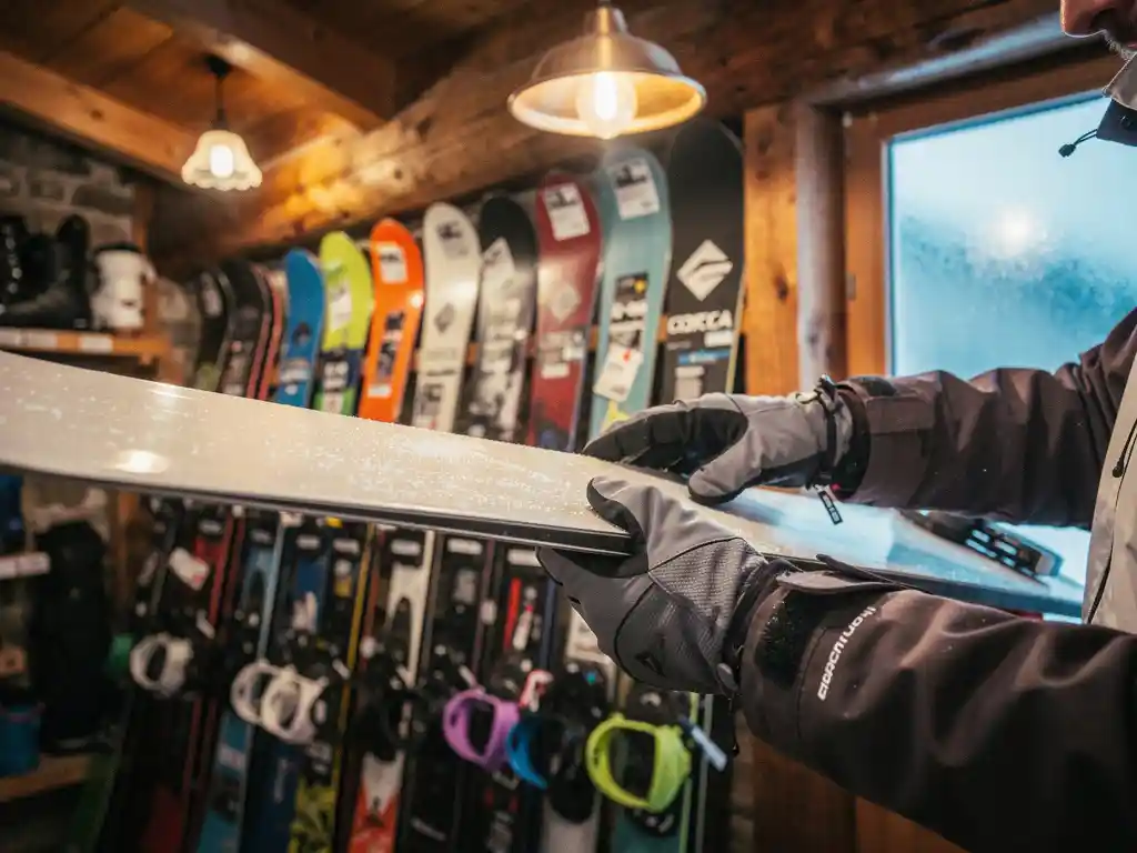 Snowboardeur examinant une planche dans un magasin de location alpin avec équipements colorés sur étagères en bois