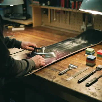Snowboard on wooden workbench with wax iron, colorful wax blocks, scraper and tuning tools for maintenance work