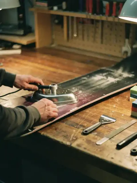 Snowboard on wooden workbench with wax iron, colorful wax blocks, scraper and tuning tools for maintenance work
