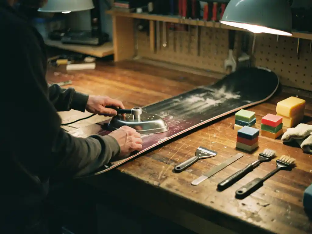 Snowboard on wooden workbench with wax iron, colorful wax blocks, scraper and tuning tools for maintenance work