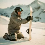 Beginnende snowboarder knielt in poedersneeuw en meet snowboard tegen lichaamshoogte op besneeuwde berghellingen