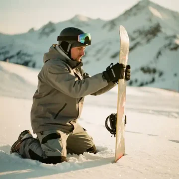 Beginnende snowboarder knielt in poedersneeuw en meet snowboard tegen lichaamshoogte op besneeuwde berghellingen