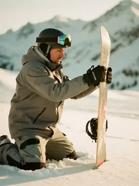 Beginnende snowboarder knielt in poedersneeuw en meet snowboard tegen lichaamshoogte op besneeuwde berghellingen