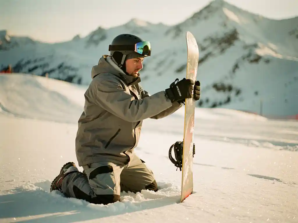 Beginnende snowboarder knielt in poedersneeuw en meet snowboard tegen lichaamshoogte op besneeuwde berghellingen