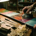 Persoon waxen snowboard met strijkijzer op werkbank, onderhoudsgereedschap en schaafsel zichtbaar in warme werkplaats