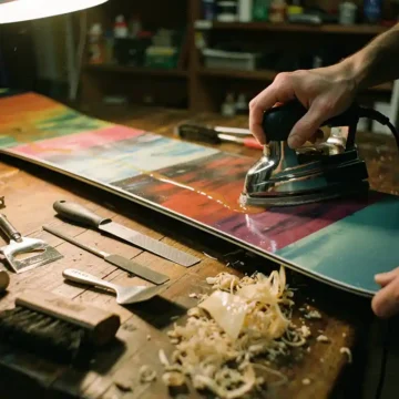 Persoon waxen snowboard met strijkijzer op werkbank, onderhoudsgereedschap en schaafsel zichtbaar in warme werkplaats