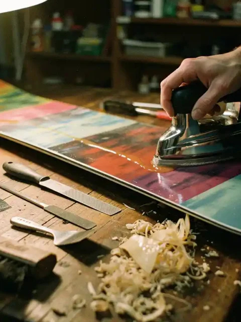 Persoon waxen snowboard met strijkijzer op werkbank, onderhoudsgereedschap en schaafsel zichtbaar in warme werkplaats