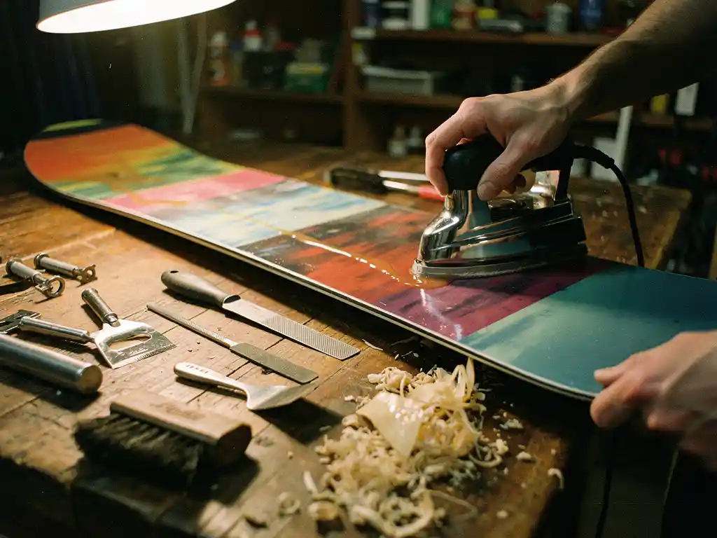 Persoon waxen snowboard met strijkijzer op werkbank, onderhoudsgereedschap en schaafsel zichtbaar in warme werkplaats