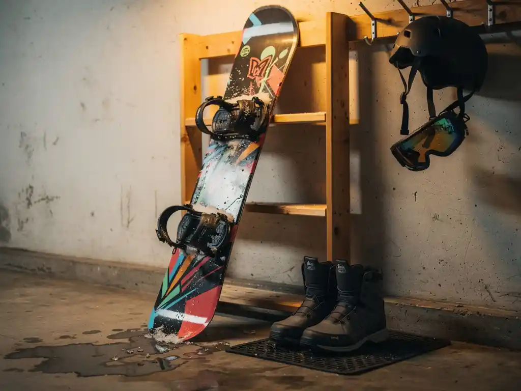 Snowboard tegen houten rek in garage met laarzen, helm en bindingen waar sneeuw vanaf smelt
