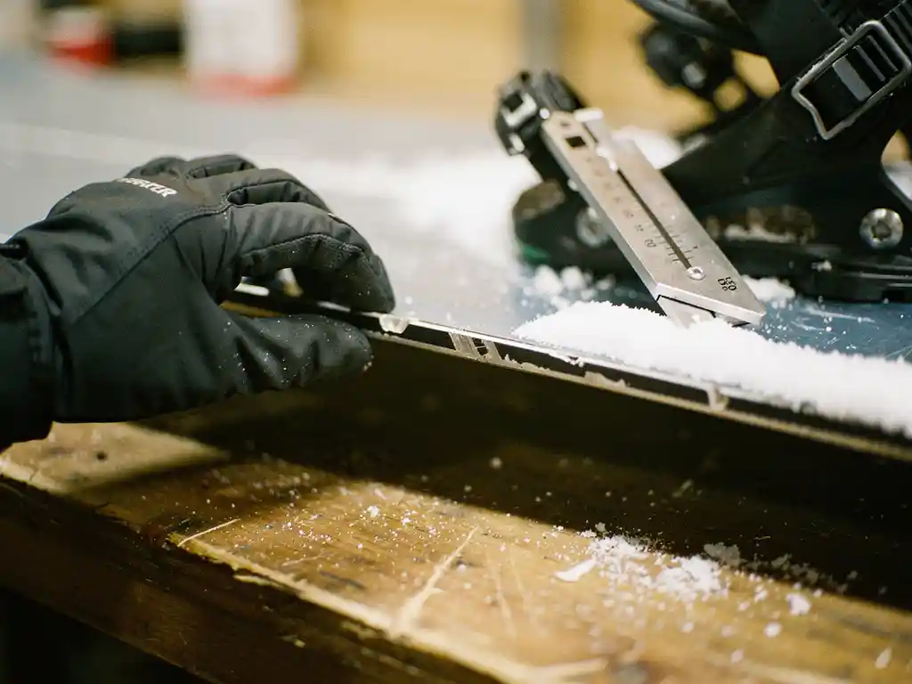 Gehandschoende handen onderzoeken versleten metalen rand van snowboard met professioneel slijpgereedschap in werkplaats