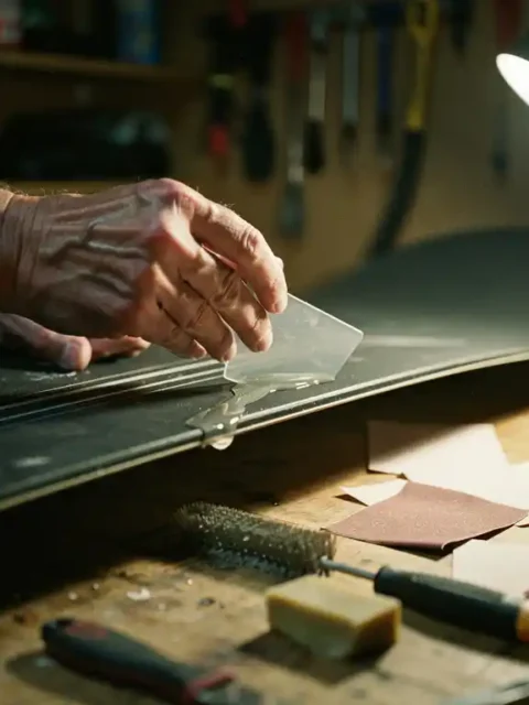 Person applying epoxy resin to snowboard scratch with scraper tool on workbench with repair supplies and sandpaper