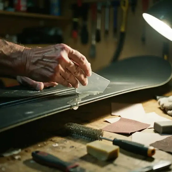 Person applying epoxy resin to snowboard scratch with scraper tool on workbench with repair supplies and sandpaper