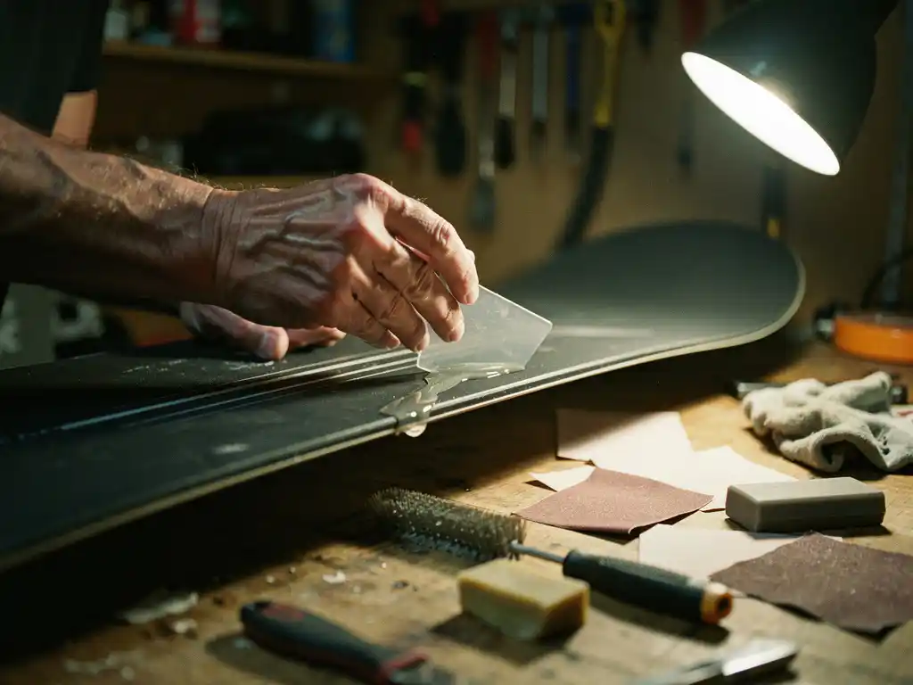 Person applying epoxy resin to snowboard scratch with scraper tool on workbench with repair supplies and sandpaper