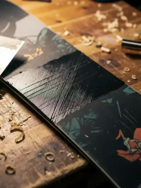 Snowboard op werkbank met vers gerepareerde kras gevuld met P-tex wax, metalen schraper en brander ernaast