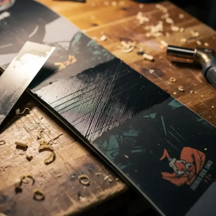 Snowboard op werkbank met vers gerepareerde kras gevuld met P-tex wax, metalen schraper en brander ernaast