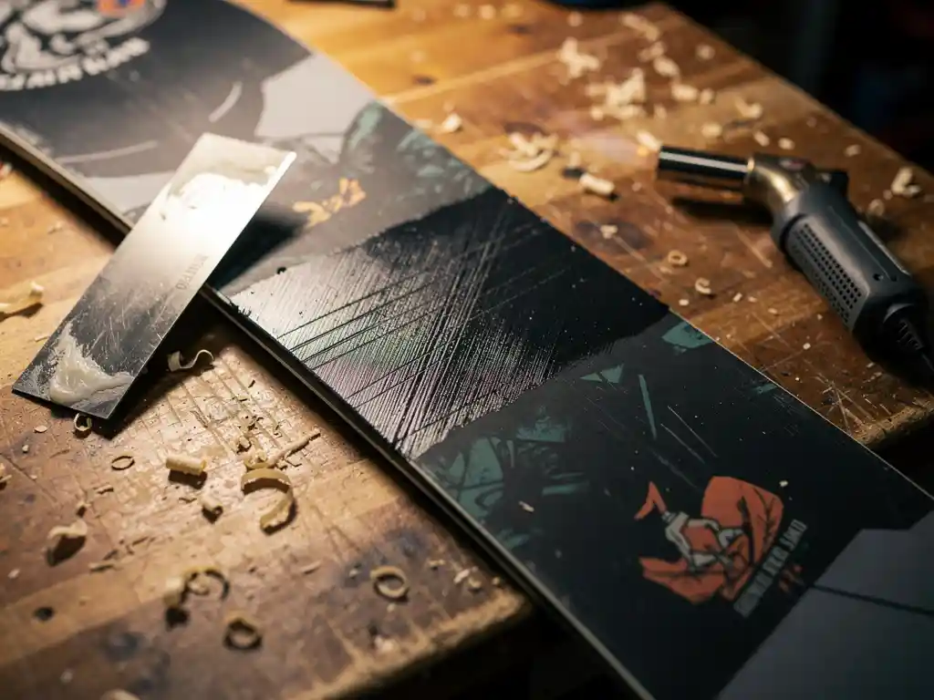 Snowboard op werkbank met vers gerepareerde kras gevuld met P-tex wax, metalen schraper en brander ernaast