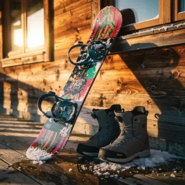 Snowboard with colorful graphics leaning against wooden ski lodge wall with snow boots nearby in warm golden light.
