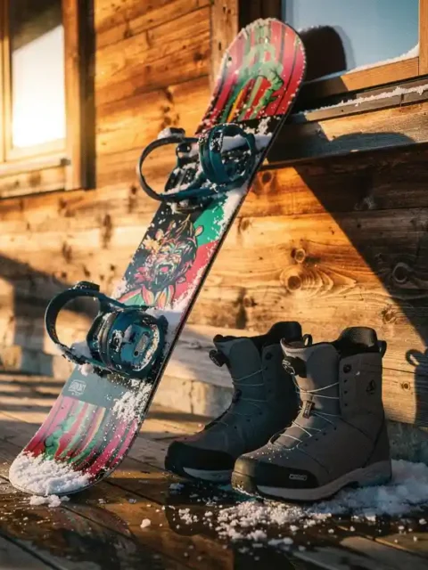 Snowboard with colorful graphics leaning against wooden ski lodge wall with snow boots nearby in warm golden light.