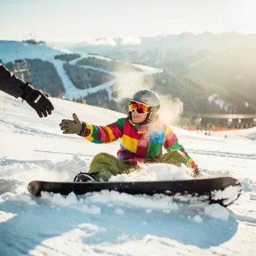 Snowboarder in bunter Winterkleidung nimmt Hilfe vom Skilehrer an, nachdem er im Pulverschnee gestürzt ist