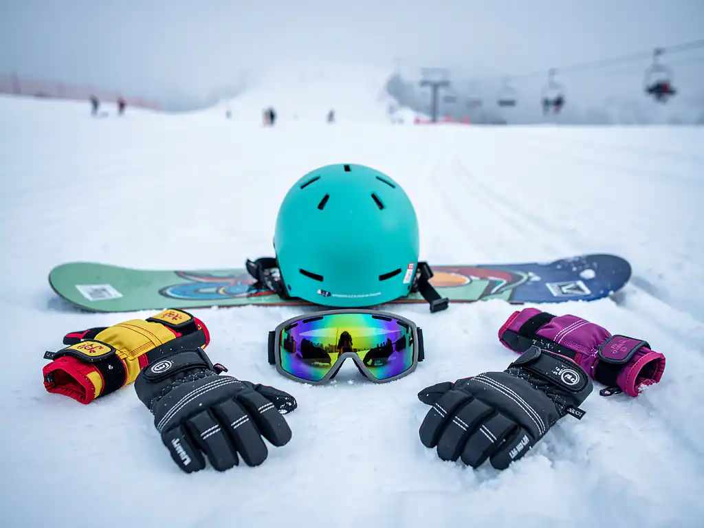 Snowboard uitrusting inclusief helm, handschoenen, polsbeschermers en skibril op verse poedersneeuw in skigebied
