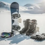 Snowboard rechtop in poedersneeuw met dure huurlaarzen, skibril en handschoenen met prijskaartjes in bergzonlicht