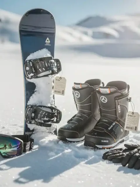 Snowboard rechtop in poedersneeuw met dure huurlaarzen, skibril en handschoenen met prijskaartjes in bergzonlicht