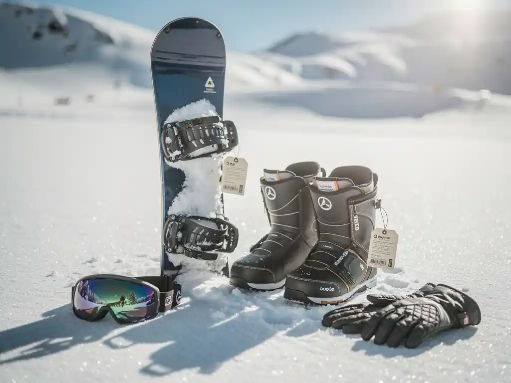Snowboard rechtop in poedersneeuw met dure huurlaarzen, skibril en handschoenen met prijskaartjes in bergzonlicht