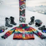 Snowboard uitrusting netjes uitgestald op verse poedersneeuw met jas, laarzen, helm en handschoenen