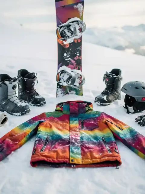 Snowboard uitrusting netjes uitgestald op verse poedersneeuw met jas, laarzen, helm en handschoenen