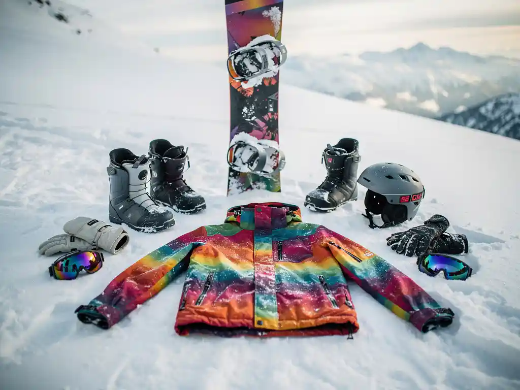 Snowboard uitrusting netjes uitgestald op verse poedersneeuw met jas, laarzen, helm en handschoenen