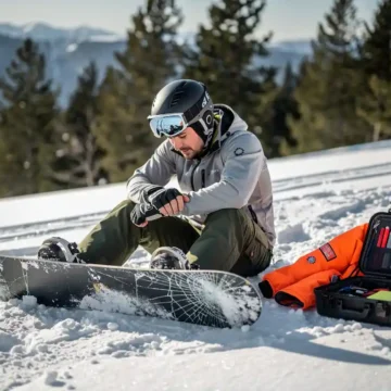 Snowboarder hält Handgelenk nach Sturz, kaputtes Snowboard und Skiwache mit Erste-Hilfe-Ausrüstung im Schnee