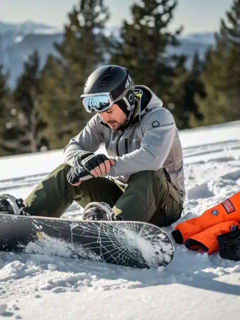 Snowboarder hält Handgelenk nach Sturz, kaputtes Snowboard und Skiwache mit Erste-Hilfe-Ausrüstung im Schnee