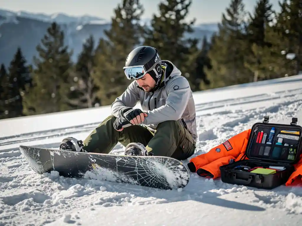Snowboarder hält Handgelenk nach Sturz, kaputtes Snowboard und Skiwache mit Erste-Hilfe-Ausrüstung im Schnee