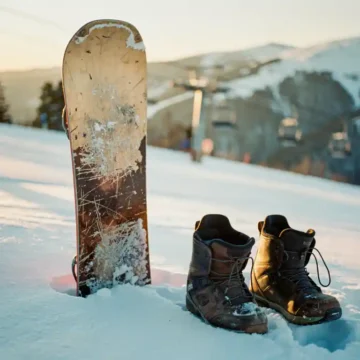 Planche de snowboard usagée appuyée contre la neige fraîche avec bottes à proximité, remontées mécaniques en arrière-plan
