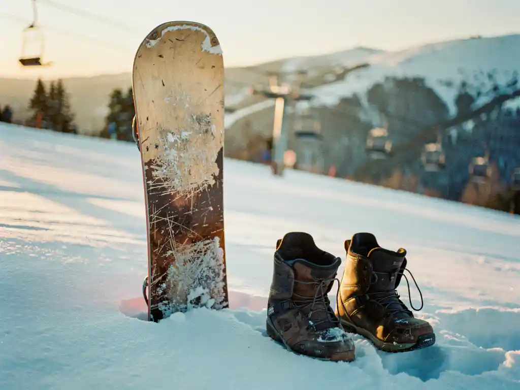 Planche de snowboard usagée appuyée contre la neige fraîche avec bottes à proximité, remontées mécaniques en arrière-plan