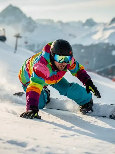 Snowboarder in felgekleurde winterkleding demonstreert veilige valtechniek op poedersneeuw in de bergen